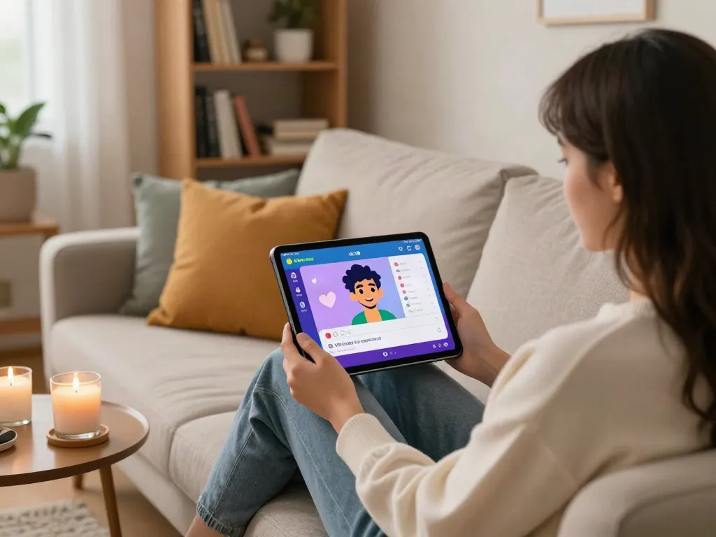 Engaging in an ai sex chat on a digital device in a cozy living room setting.