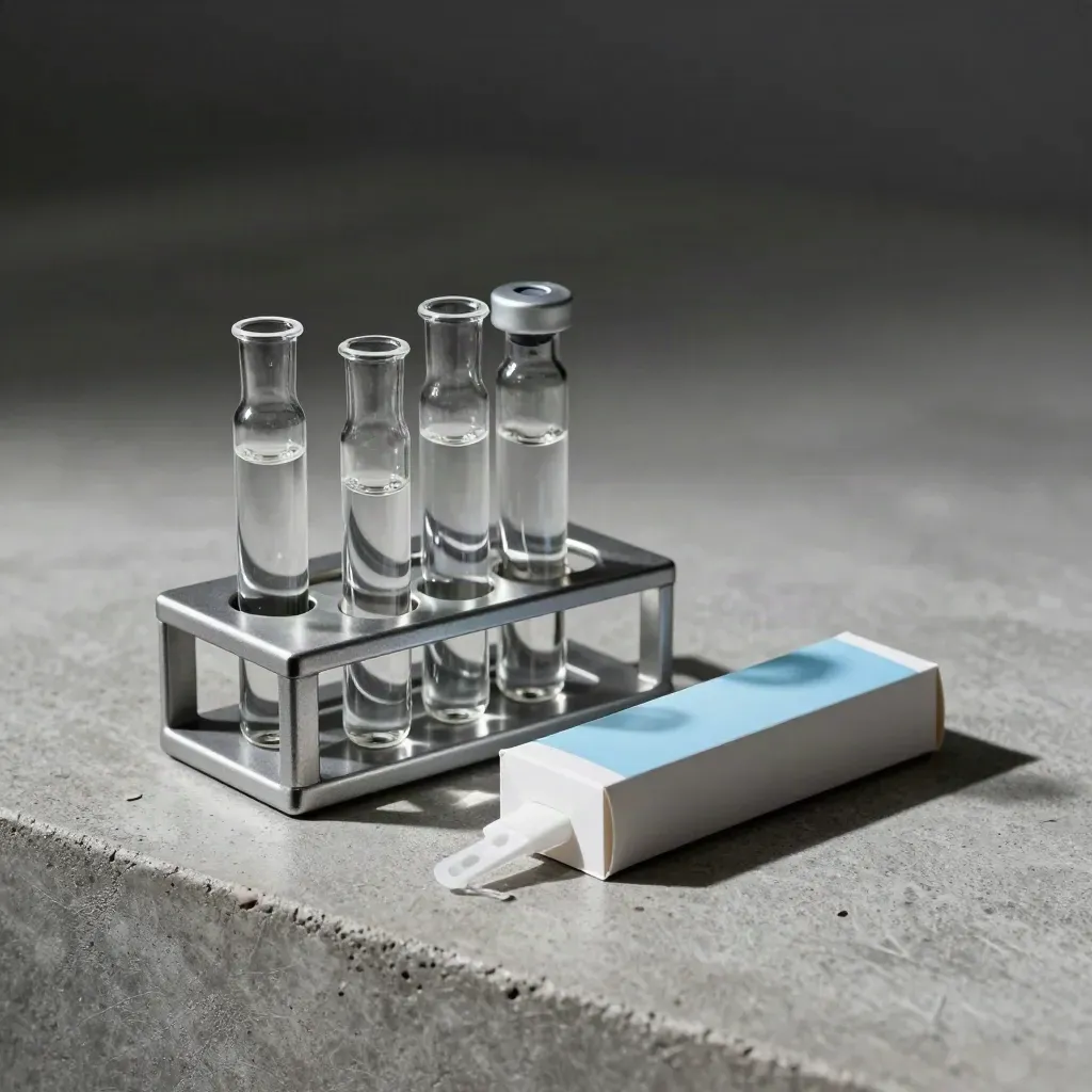 Biotech lab still life with vials, aluminum rack, and pipette-tip boxes on concrete.