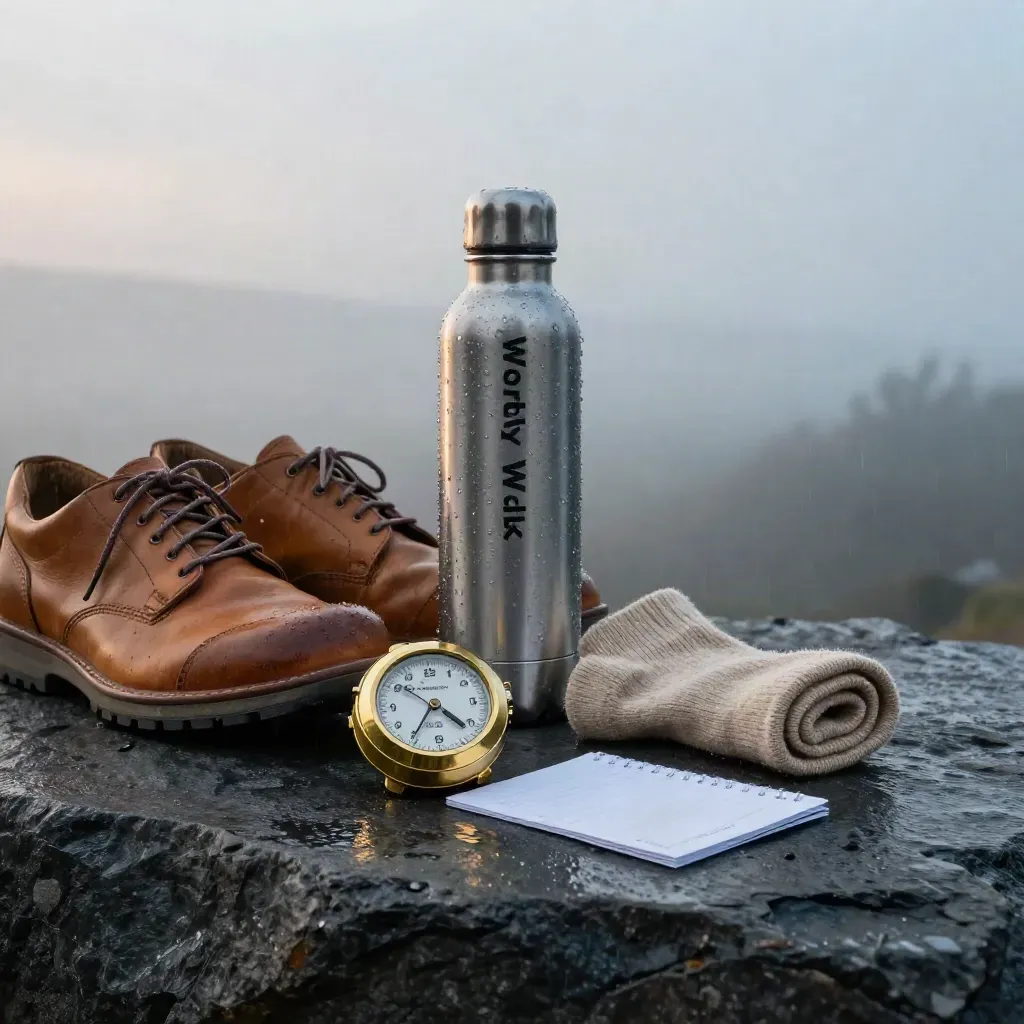 Brass step counter, worn walking shoes, socks, bottle, and route card on charcoal stone at dawn