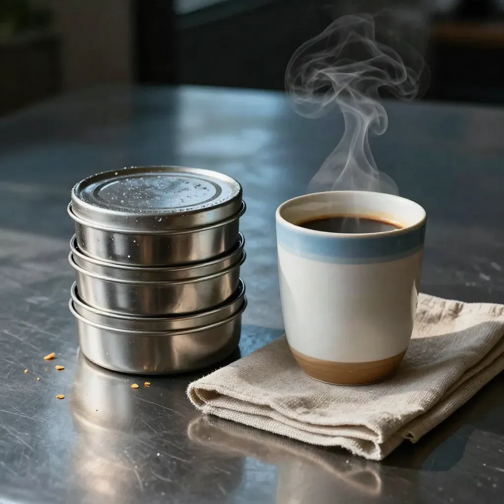 Stainless lunch tins, coffee tumbler, and linen napkin on brushed metal with steam