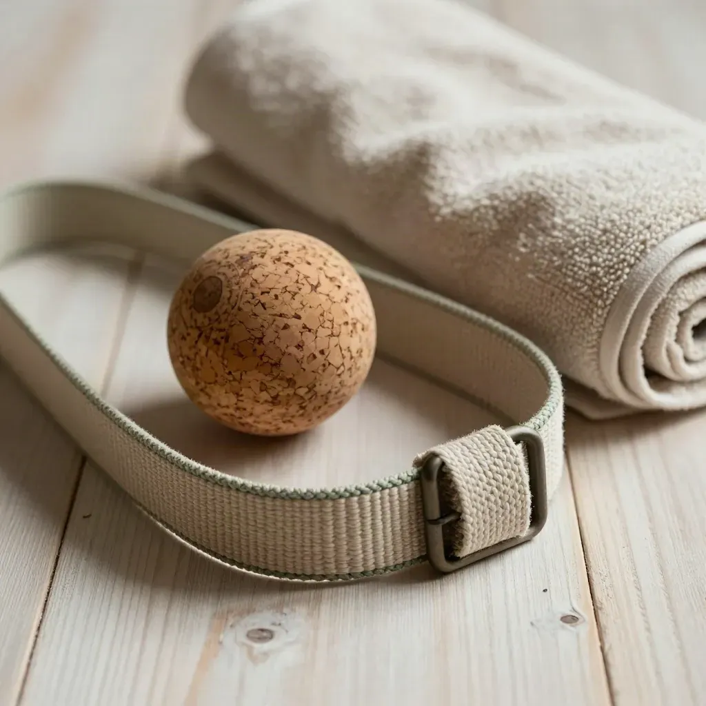 Macro still life of a yoga strap, cork massage ball, and folded towel on pale wood.