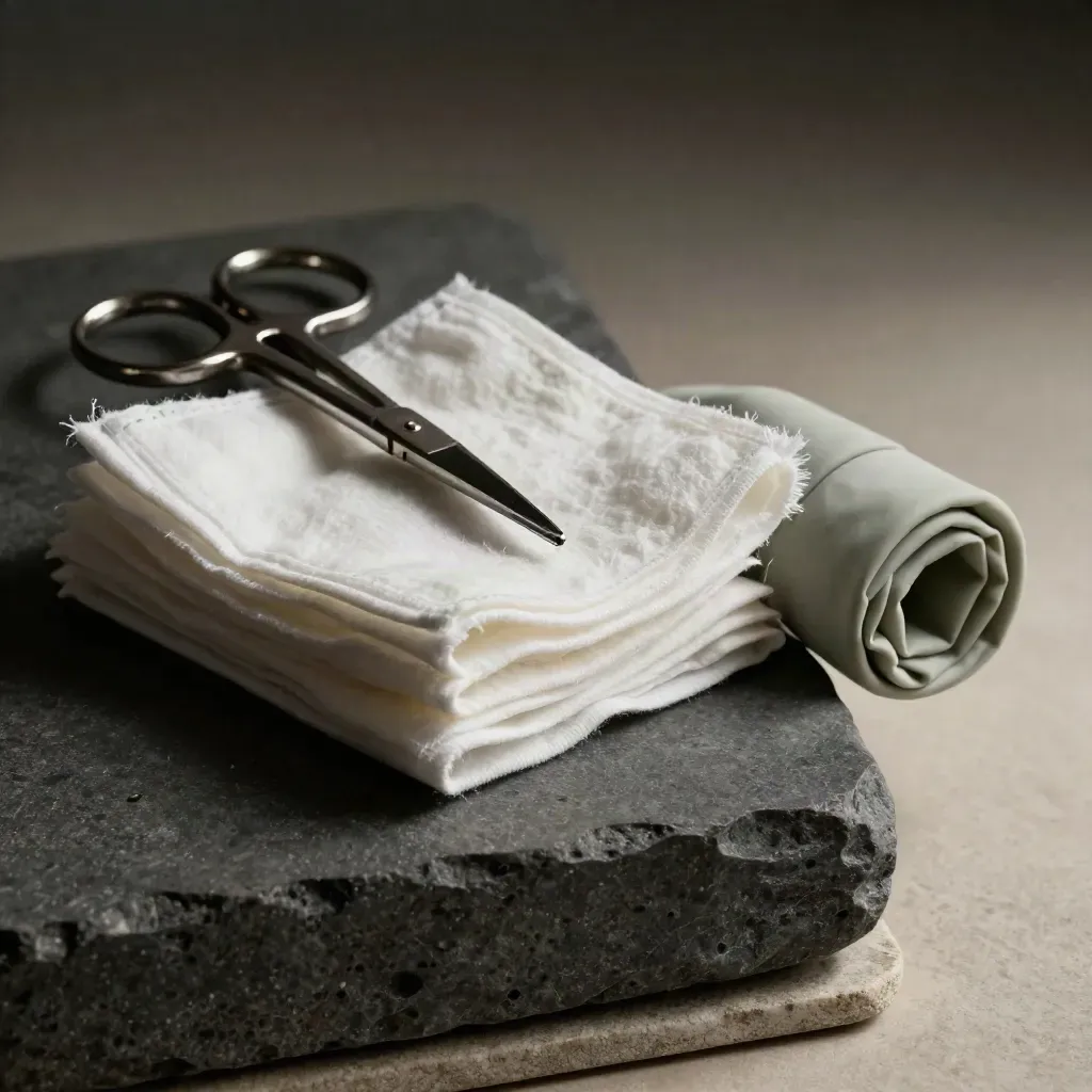 Gauze pads, open medical shears, and glove cuff on charcoal stone in side-lit macro.