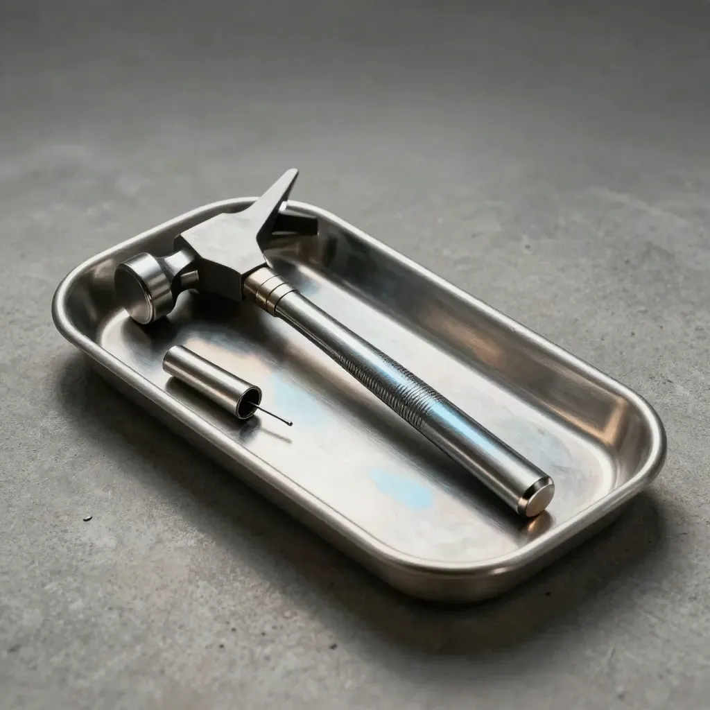 Reflex hammer, otoscope tip, and steel tray on concrete in dramatic clinic still life.