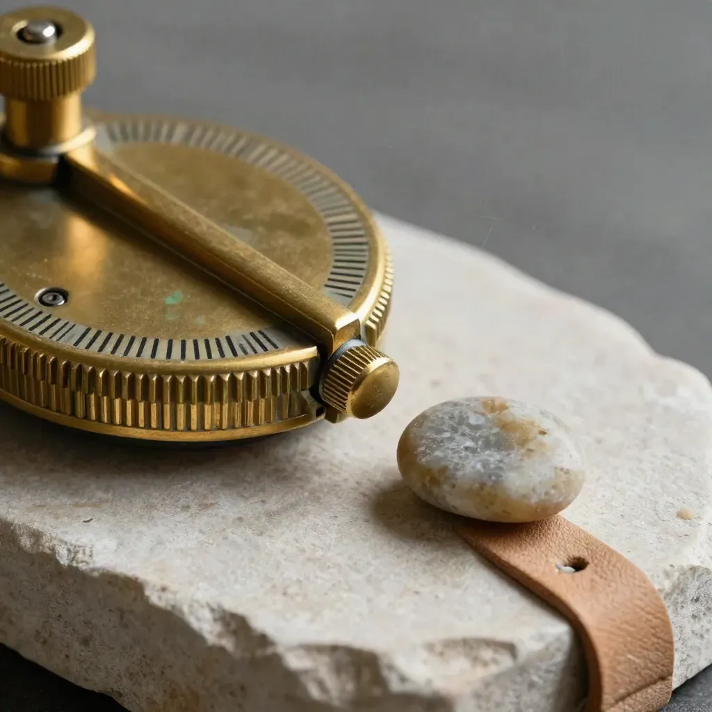 Brass dial marker, pebble token, and leather tab on pale stone under skimming light.