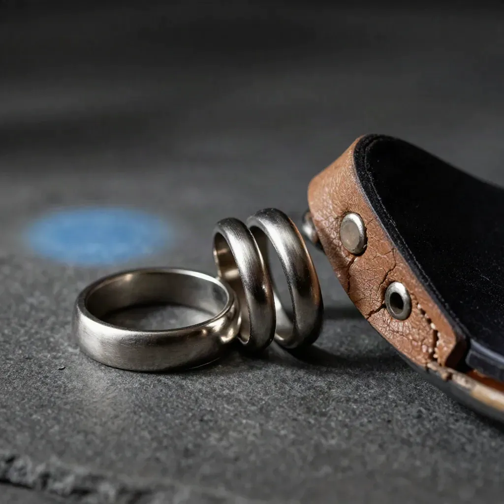 Stainless rings and worn shoe parts forming a streak-like loop on dark graphite.
