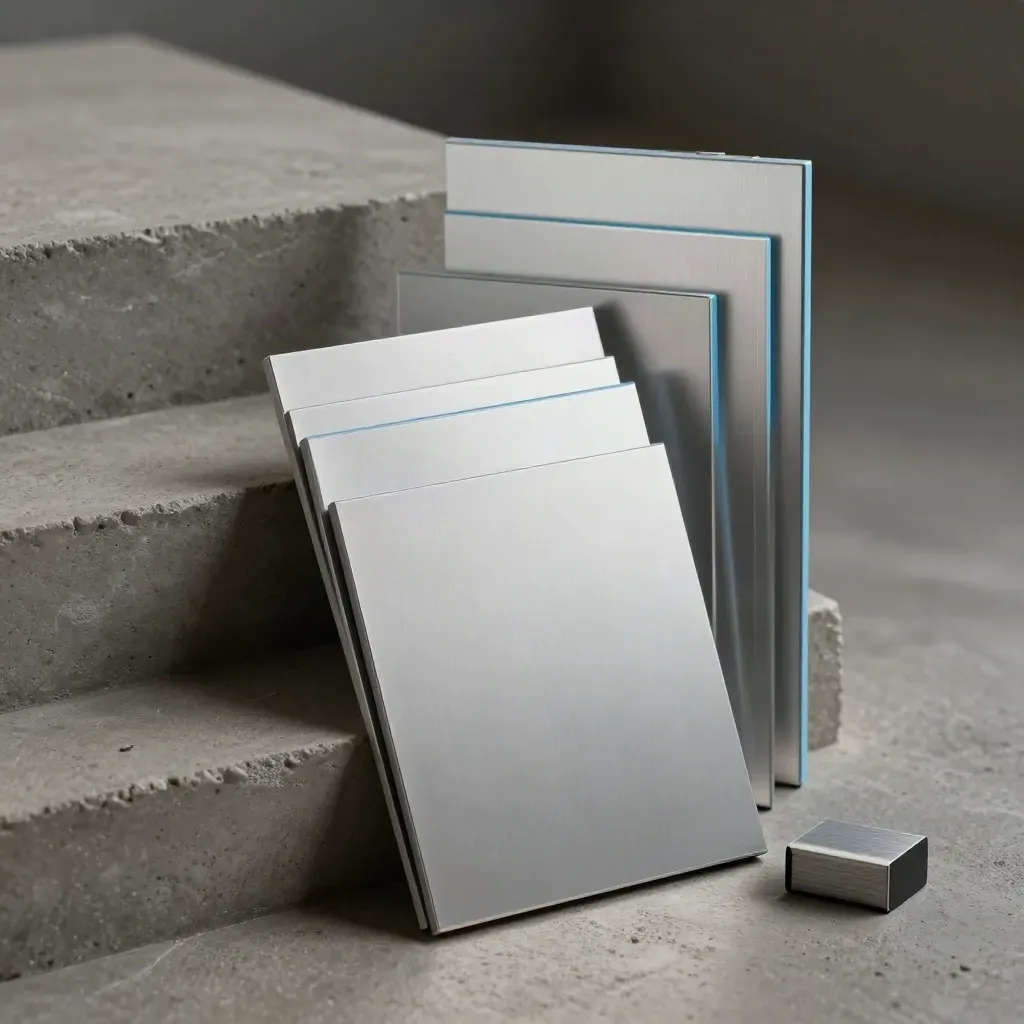 Matte aluminum route tiles stepped on concrete with a divider clip and brushed marker block