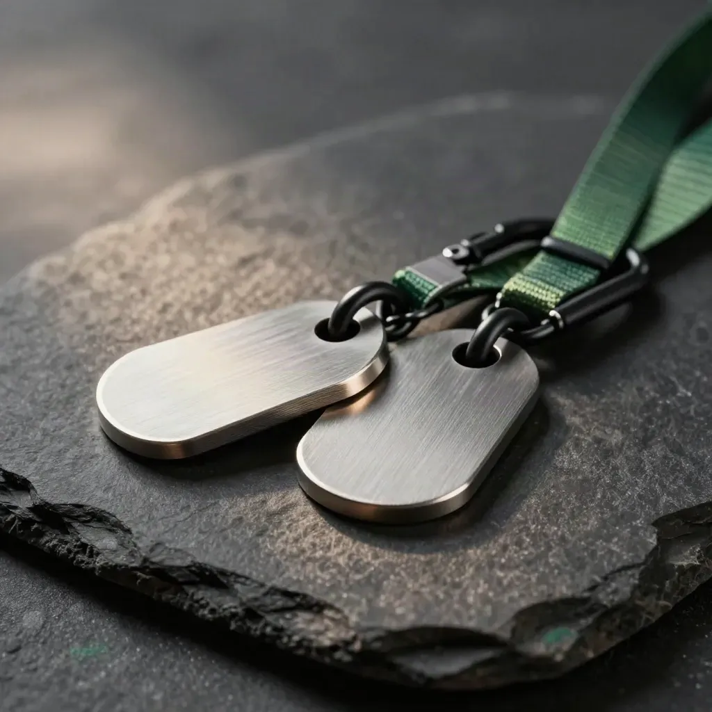 Macro of trail medallion blanks, snap-hook cord and carabiner on dark stone with leaf-green accent.