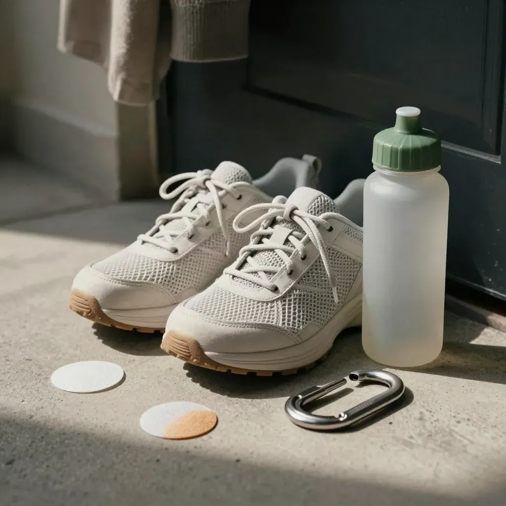 Walking shoes, blister patches, shoehorn, and water bottle starter kit by a doorway