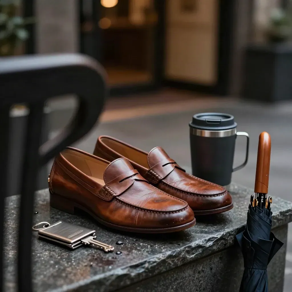 Loafers, badge reel, mug, and umbrella tip on a dark stone slab beside a blurred chair back.