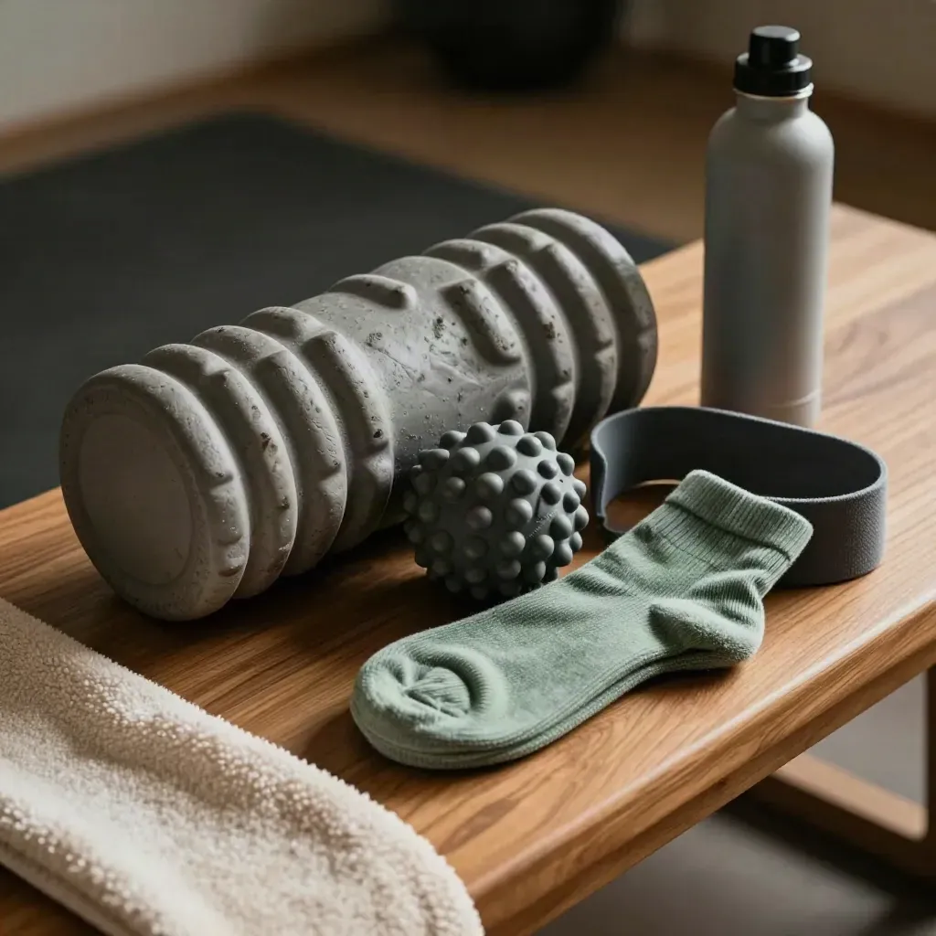 Foam roller, massage ball, band, sock and bottle on a towel in moody close-up