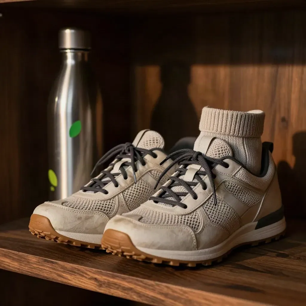 Worn walking sneakers, sock roll, and reusable bottle on walnut shelf in warm macro light.