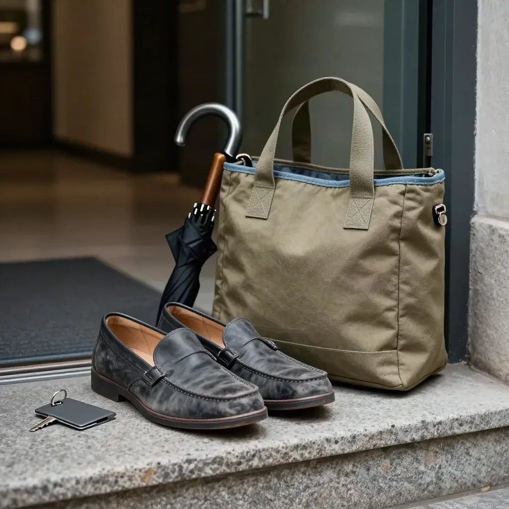 Commuter shoes, key card sleeve, umbrella handle, and lunch tote on stone in moody light.