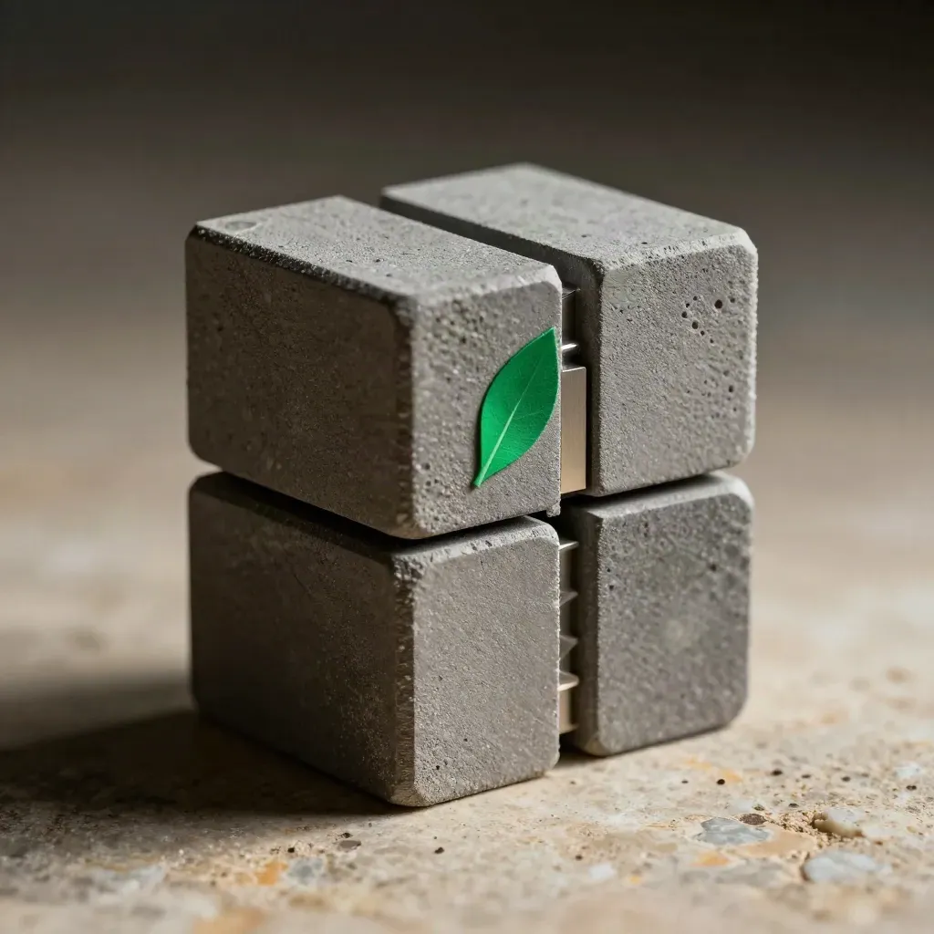 Graphite blocks, magnetic strip, and dovetail joint on matte plaster with green accent.