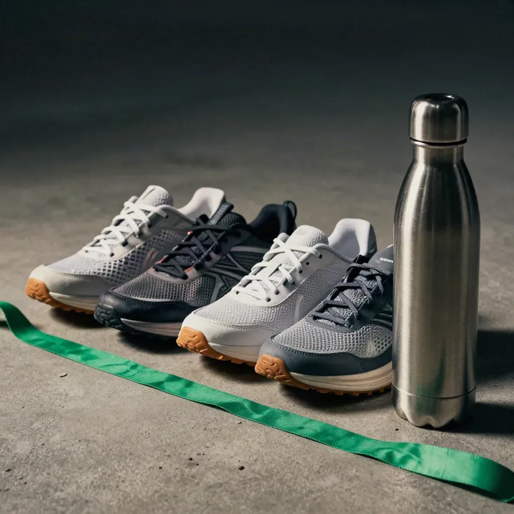 Three walking shoes, a green medal ribbon, and a steel water bottle on brushed concrete