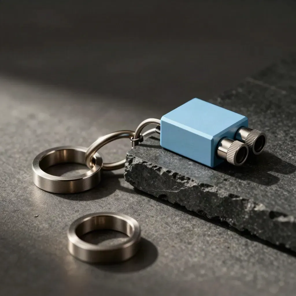 Macro of linked aluminum rings, connector block and clips on graphite stone.