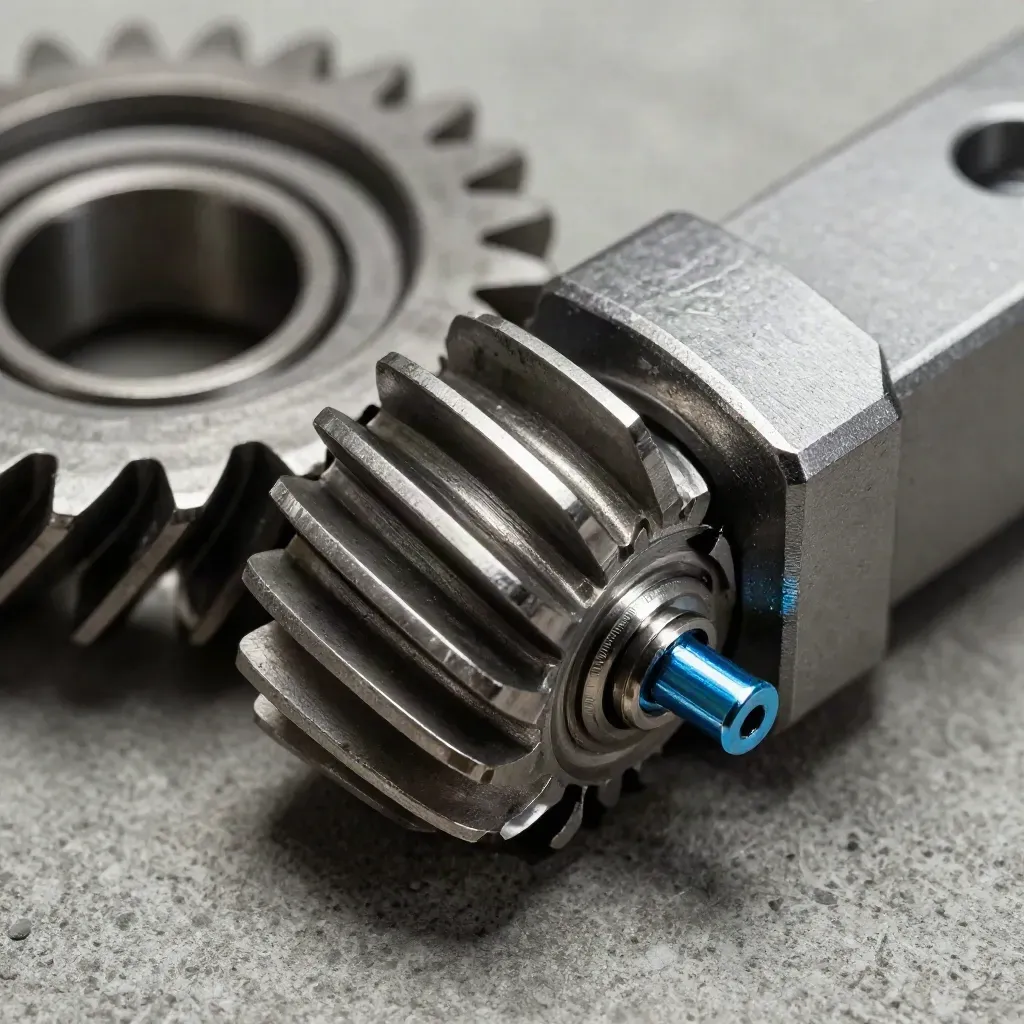 Macro of gear teeth, washers, and an aluminum bracket with a sky-blue metallic accent.